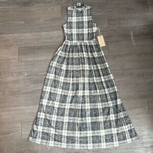 NWT Sunday in Brooklyn Anthropologie Plaid Gray White Mock Neck Maxi Dress Sz S